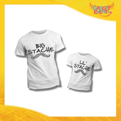 Coppia di T-Shirt Bianche "Big Little Stache" Maglietta Padre Figlio Maglia Idea Regalo Festa del Papà Gadget Eventi