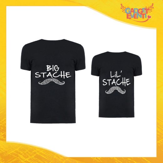 Coppia di T-Shirt Nere "Big Little Stache" Maglietta Padre Figlio Maglia Idea Regalo Festa del Papà Gadget Eventi