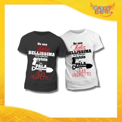 Maglietta T-Shirt Regalo Festa del Papà "Pistola Pala Alibi Perfetto" Gadget Eventi