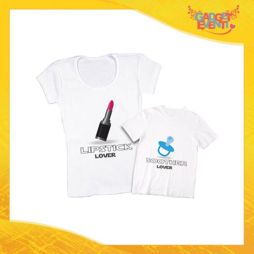 Coppia t-shirt bianca maschietto "Ciuccio e Rossetto" madre figli idea regalo festa della mamma gadget eventi