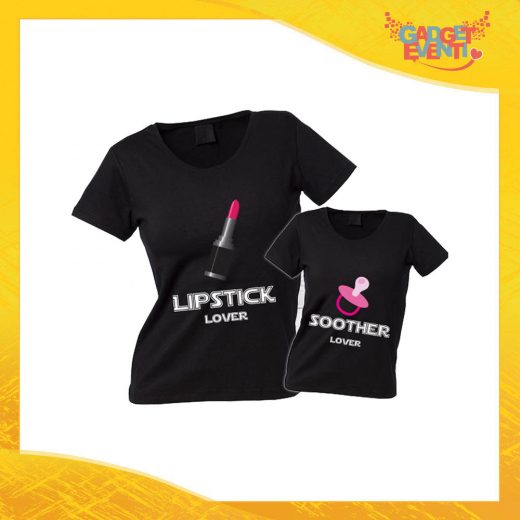 Coppia t-shirt nera femminuccia "Ciuccio e Rossetto" madre figli idea regalo festa della mamma gadget eventi