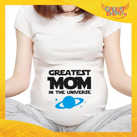 T-shirt Premaman Bianca maschietto "Greatest Mom Universe" idea regalo festa della mamma gadget eventi