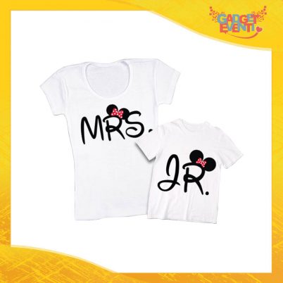 Coppia t-shirt bianca femminuccia "Mrs and Jr" madre figli idea regalo festa della mamma gadget eventi