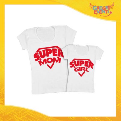 Coppia t-shirt bianca femminuccia "Super Mom" madre figli idea regalo festa della mamma gadget eventi