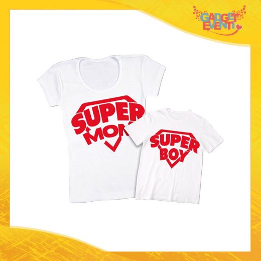 Coppia t-shirt bianca maschietto "Super Mom" madre figli idea regalo festa della mamma gadget eventi