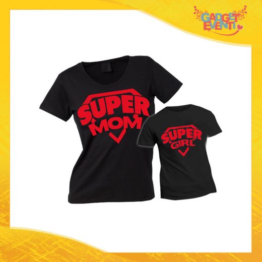 Coppia t-shirt nera femminuccia "Super Mom" madre figli idea regalo festa della mamma gadget eventi