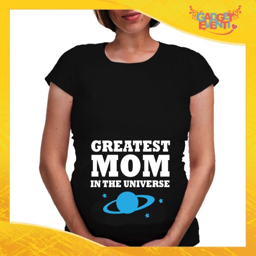 T-shirt Premaman Nera Maschietto "Greatest Mom Universe" idea regalo festa della mamma gadget eventi