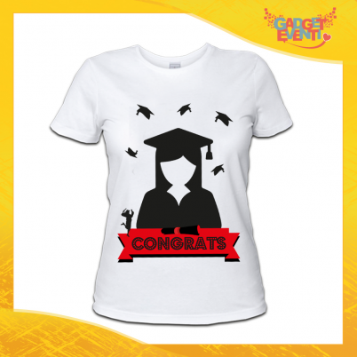 Maglietta Donna Bianca "Congrats" Idea Regalo T-shirt Festa di Laurea Gadget Eventi