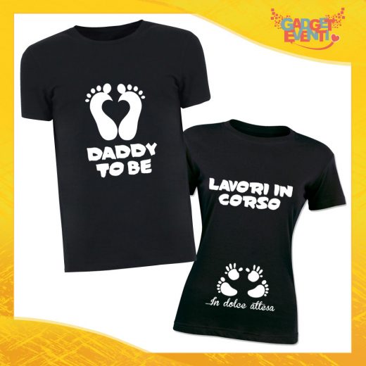 Coppia di T-Shirt Nere "Daddy to Be, Dolce Attesa" Magliette Grafiche divertenti per coppie Gadget Eventi