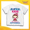 Maglietta Bianca Femminuccia Bimba "Super Kids con Mese Personalizzato" Idea Regalo T-Shirt per Compleanni Gadget Eventi