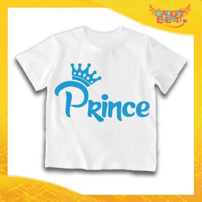 Maglietta Bianca Maschietto Grafica Azzurro "Prince Corona Colored" Idea Regalo T-Shirt Gadget Eventi