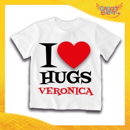 Maglietta Bianca Femminuccia Bimba "I Love Hugs con Nome" Idea Regalo T-Shirt Gadget Eventi