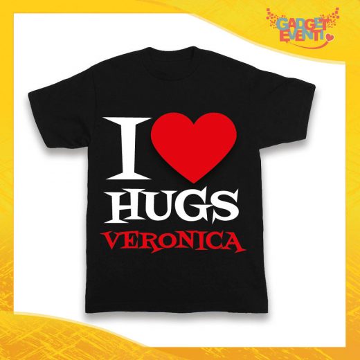 Maglietta Nera Femminuccia Bimba "I Love Hugs con Nome" Idea Regalo T-Shirt Gadget Eventi