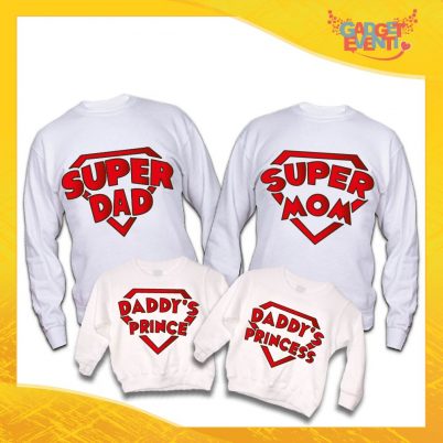 Poker di Felpe Bianche Personalizzate "Super Family" Padre Madre Figli idea regalo per tutta la famiglia Gadget Eventi