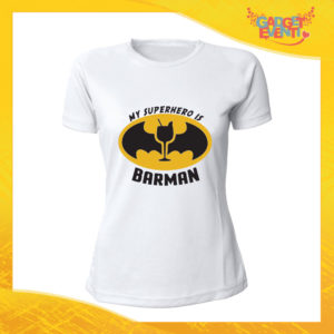 T-Shirt Donna Bianca "My Superhero is Barman" Maglia Maglietta Idea Regalo Divertente Gadget Eventi