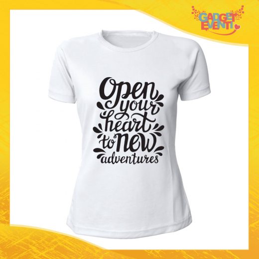 T-Shirt Donna Bianca "Open Your Heart" Maglia Maglietta Idea Regalo Divertente Gadget Eventi