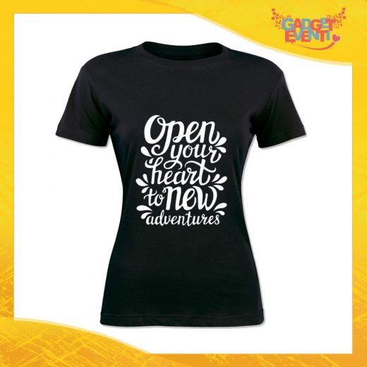 T-Shirt Donna Nera "Open Your Heart" Maglia Maglietta Idea Regalo Divertente Gadget Eventi