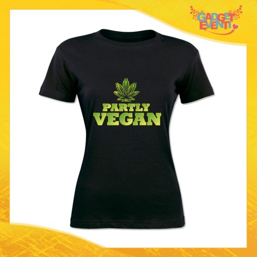T-Shirt Donna Nera Partly Vegan" Maglia per l'estate Idea Regalo Maglietta Femminile Gadget Eventi
