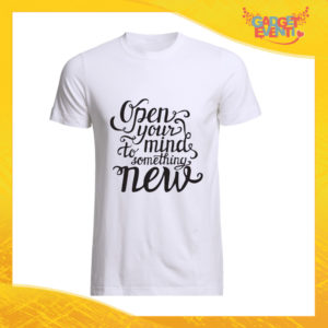 T-Shirt Uomo Bianca "Open Your Mind" Maglia Maglietta Maschile Idea Regalo Divertente per un Ragazzo Gadget Eventi