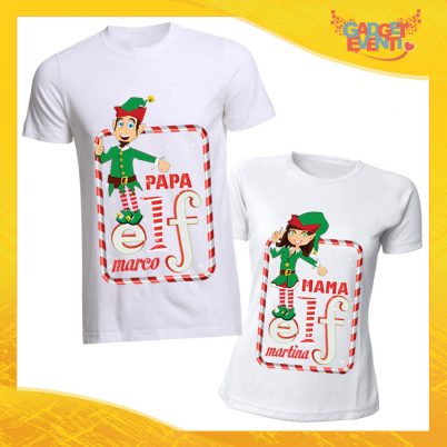 Coppia di T-Shirt Natalizie Bianche con Nome Personalizzato "Elf Family" Magliette per Uomo e Donna Maglie Originali Idea Regalo Periodo Natalizio Gadget Eventi