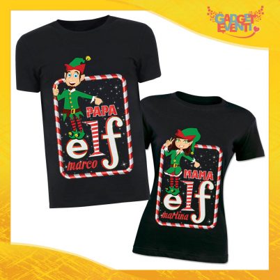Coppia di T-Shirt Natalizie Nere con Nome Personalizzato "Elf Family" Magliette per Uomo e Donna Maglie Originali Idea Regalo Periodo Natalizio Gadget Eventi