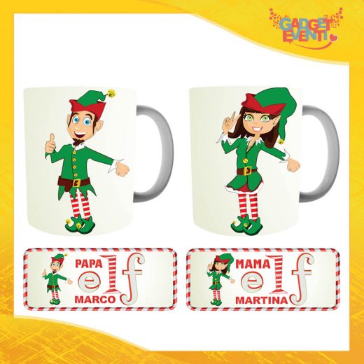 Coppia di Tazze Natalizie Personalizzate con Nome Grafica Bianca "Elf Family" Mug Colazione Breakfast Idea Regalo Festività di Natale Gadget Eventi