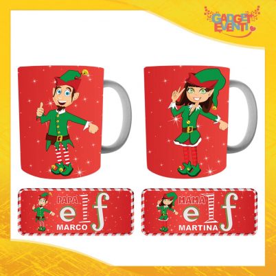 Coppia di Tazze Natalizie Personalizzate con Nome Grafica Rossa "Elf Family" Mug Colazione Breakfast Idea Regalo Festività di Natale Gadget Eventi