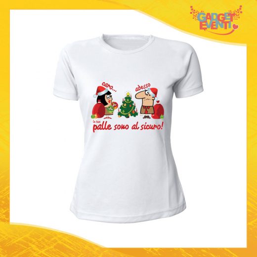 T-Shirt Donna Natalizia Bianca "Palle al Sicuro" Maglietta per l'inverno Maglia Natalizia Idea Regalo Gadget Eventi