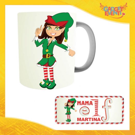Tazza Natalizia Personalizzata Grafica Bianca Modello Donna "Elf Family" Mug Colazione Breakfast Idea Regalo Festività Natalizie Gadget Eventi
