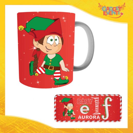 Tazza Natalizia Personalizzata Grafica Rossa Modello Bimba "Elf Family" Mug Colazione Breakfast Idea Regalo Festività Natalizie Gadget Eventi