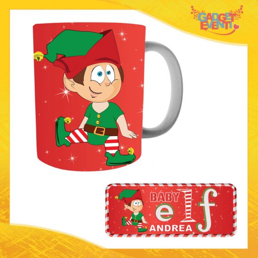 Tazza Natalizia Personalizzata Grafica Rossa Modello Bimbo "Elf Family" Mug Colazione Breakfast Idea Regalo Festività Natalizie Gadget Eventi