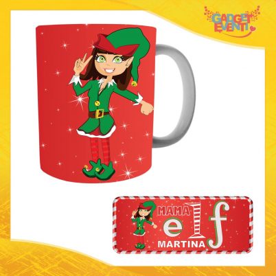 Tazza Natalizia Personalizzata Grafica Rossa Modello Donna "Elf Family" Mug Colazione Breakfast Idea Regalo Festività Natalizie Gadget Eventi