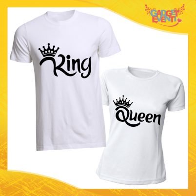 Coppia di T-Shirt Bianche "King and Queen Corona" Magliette Love per Coppie Sposi San Valentino Gadget Eventi