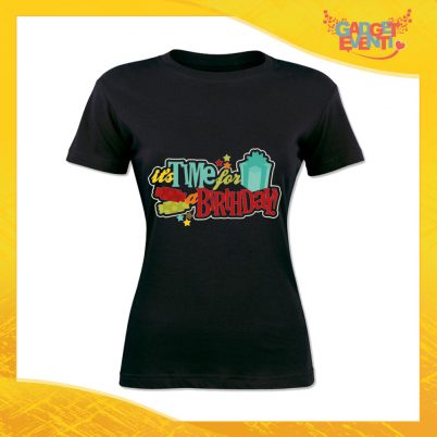 T-Shirt Donna per Compleanni Nera "Time For Birthday" Maglietta Idea Regalo Maglia per Feste di Compleanno Gadget Eventi