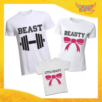 Tris di T-Shirt Bianche "Beast Beauty Little" Magliette per Tutta la Famiglia Completo di Maglie Padre Madre Figli Idea Regalo Gadget Eventi