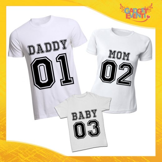 Tris di T-Shirt bianche "Daddy Mom Baby" Magliette per Tutta la Famiglia Completo di Maglie Padre Madre Figli Idea Regalo Gadget Eventi