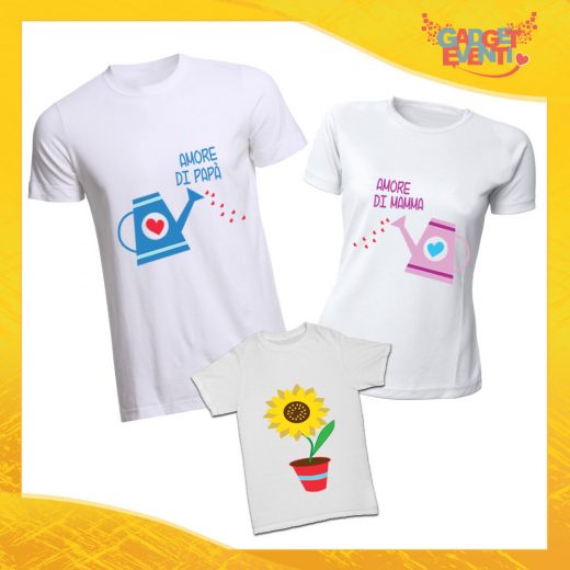 Tris di T-Shirt bianche "Doppio Amore" Magliette per Tutta la Famiglia Completo di Maglie Padre Madre Figli Idea Regalo Gadget Eventi