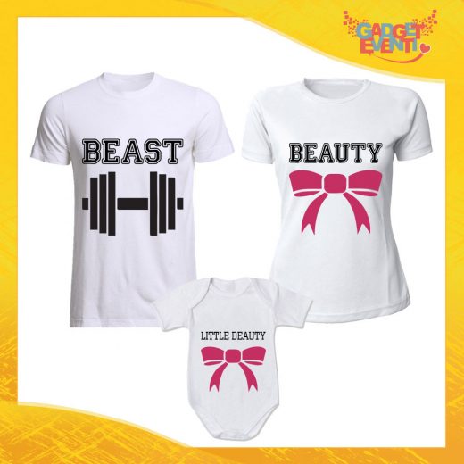 Tris di T-Shirt Bianche con Body "Beast Beauty Little" Magliette per Tutta la Famiglia Completo di Maglie Padre Madre Figli Idea Regalo Gadget Eventi