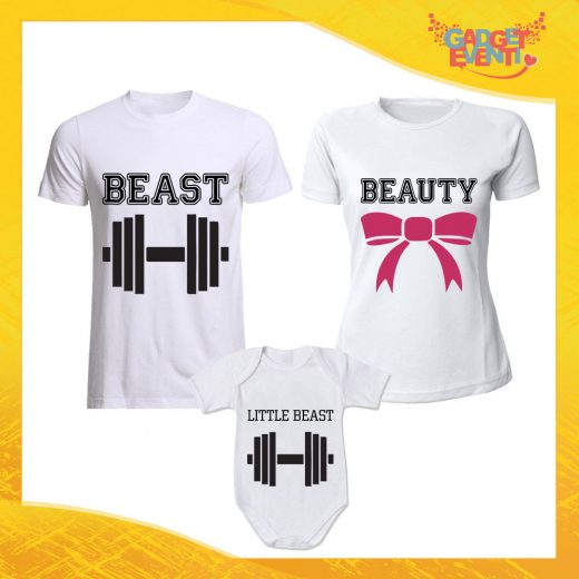 Tris di T-Shirt Bianche con Body "Beast Beauty Little" Magliette per Tutta la Famiglia Completo di Maglie Padre Madre Figli Idea Regalo Gadget Eventi