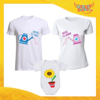 Tris di T-Shirt bianche con Body "Doppio Amore" Magliette per Tutta la Famiglia Completo di Maglie Padre Madre Figli Idea Regalo Gadget Eventi