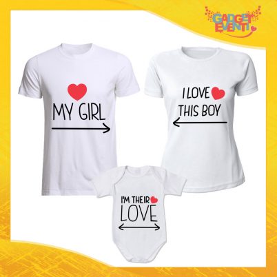 Tris di T-Shirt bianche con Body "Girl Boy Their Love" Magliette per Tutta la Famiglia Completo di Maglie Padre Madre Figli Idea Regalo Gadget Eventi