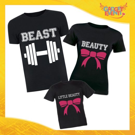 Tris di T-Shirt Nere "Beast Beauty Little" Magliette per Tutta la Famiglia Completo di Maglie Padre Madre Figli Idea Regalo Gadget Eventi