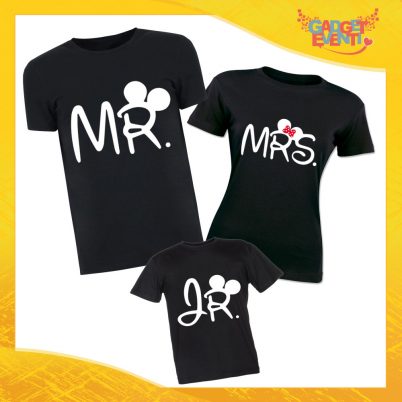 Tris di T-Shirt Nere "Mr Mrs Junior" Magliette per Tutta la Famiglia Completo di Maglie Padre Madre Figli Idea Regalo Gadget Eventi