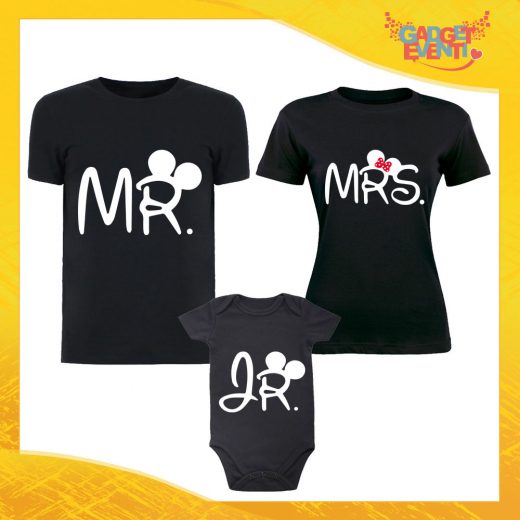 Tris di T-Shirt Nere con Body "Mr Mrs Junior" Magliette per Tutta la Famiglia Completo di Maglie Padre Madre Figli Idea Regalo Gadget Eventi