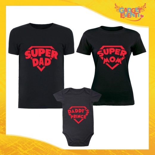 Tris di T-Shirt Nere con Body "Super Famiglia" Magliette per Tutta la Famiglia Completo di Maglie Padre Madre Figli Idea Regalo Gadget Eventi