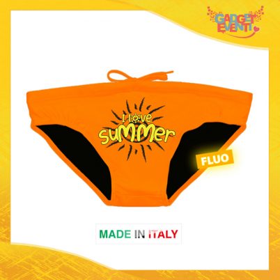 Costume da Uomo Arancione Fluo "I Love Summer" Slip Maschile Articolo Estivo per il Mare Gadget Eventi