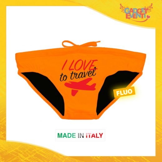 Costume da Uomo Arancione Fluo "I Love To Travel" Slip Maschile Articolo Estivo per il Mare Gadget Eventi
