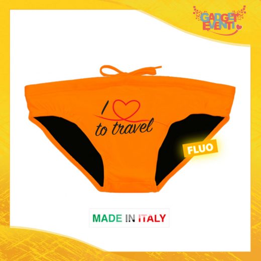 Costume da Uomo Arancione Fluo "Love To Travel Cuore" Slip Maschile Articolo Estivo per il Mare Gadget Eventi