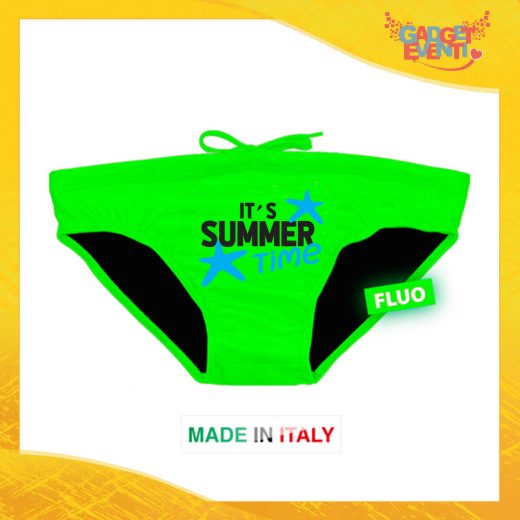 Costume da Uomo Verde Fluo "It's Summer Time" Slip Maschile Articolo Estivo per il Mare Gadget Eventi