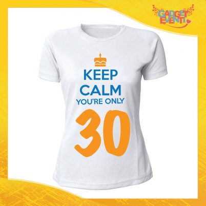 T-Shirt Donna Bianca "Keep Calm Thirty" Maglietta Femminile Birthday per Feste di Compleanno Idea Regalo per Compleanni Gadget Eventi
